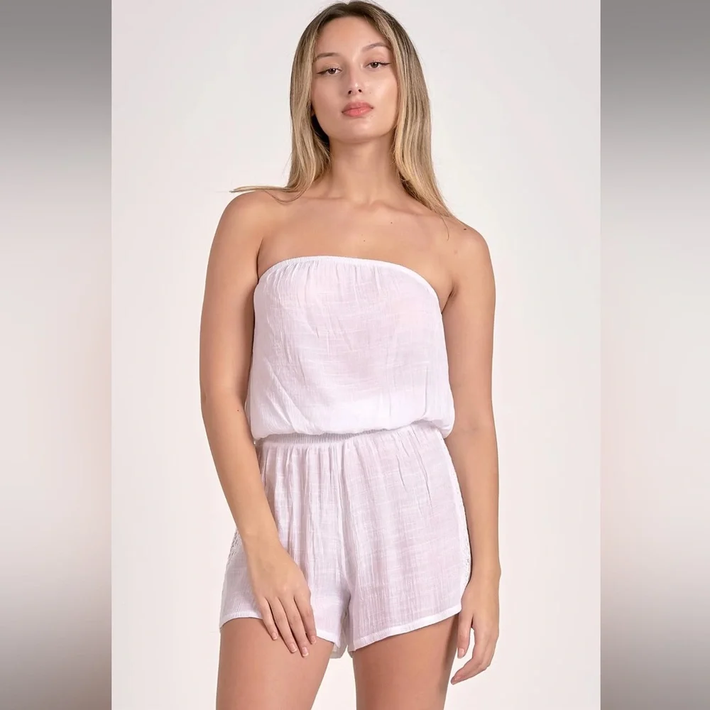 White Strapless Romper with crochet on the side